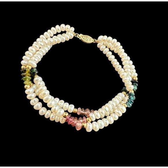 14k Three Strand Freshwater Pearl Multi gemstone Beaded Bracelet 7.5 Inches - Picture 2 of 8